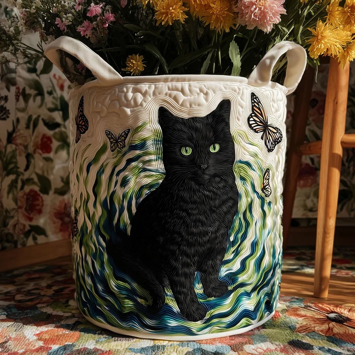 Floral Whisker Cat Garden Quilted Laundry Basket Boho Cat Mom Decor Best Gift Ideas For Cat Lovers