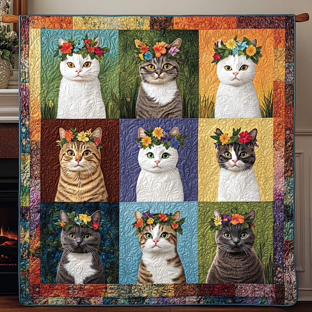 Floral Whiskers Quilted Blanket Gifts For Cat Owners
