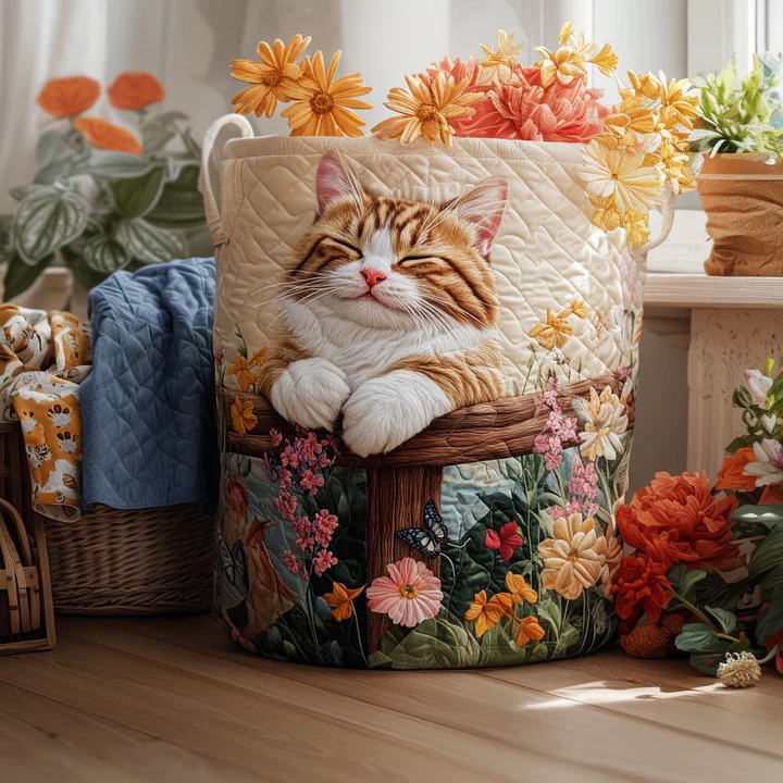 Floral Whispers Tabby Cat Fence Quilted Laundry Basket Garden Home Decor Best Gift For Cat Lovers