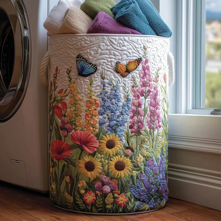 Floral Whispers Wildflower Butterfly Quilted Laundry Basket Boho Home Storage Best Gift For Nature Lovers