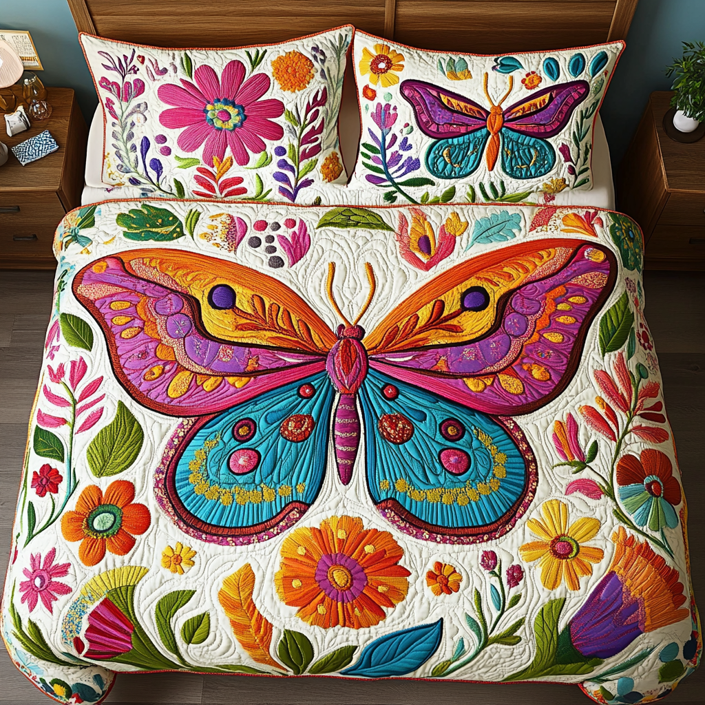 Floral Wings Quilted Bedding Set Bed Decorations Gifts With Butterfly Theme
