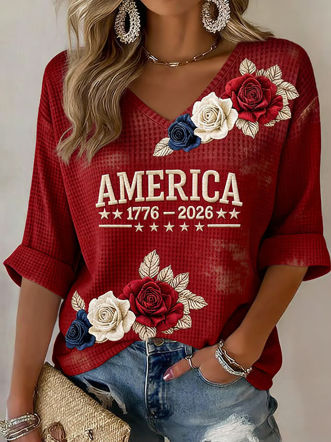 Florals America 250th Anniversary Long Sleeve V-Neck T-Shirt 1776 2026 4th Of July Merch