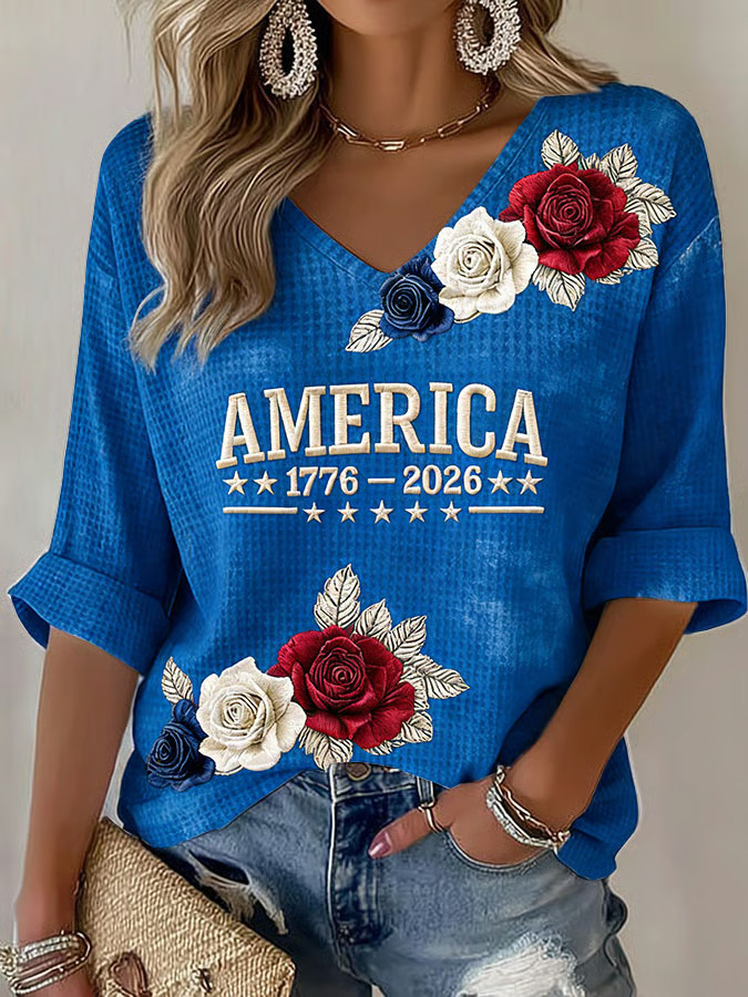 Florals America 250th Anniversary Long Sleeve V-Neck T-Shirt 1776 2026 4th Of July Merch