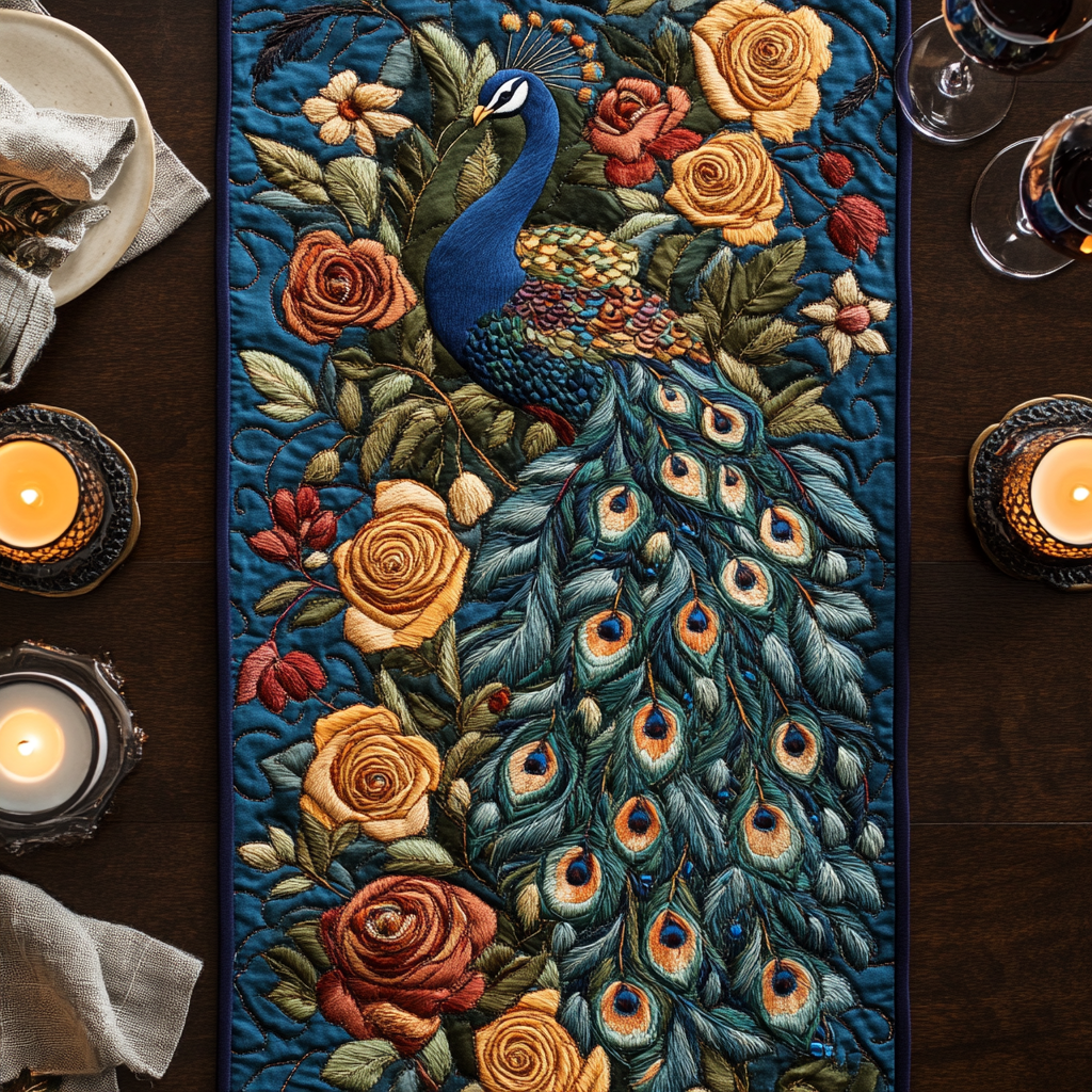Florid Glory Quilted Table Runner Kitchen Decor Unique Peacock Themed Gifts