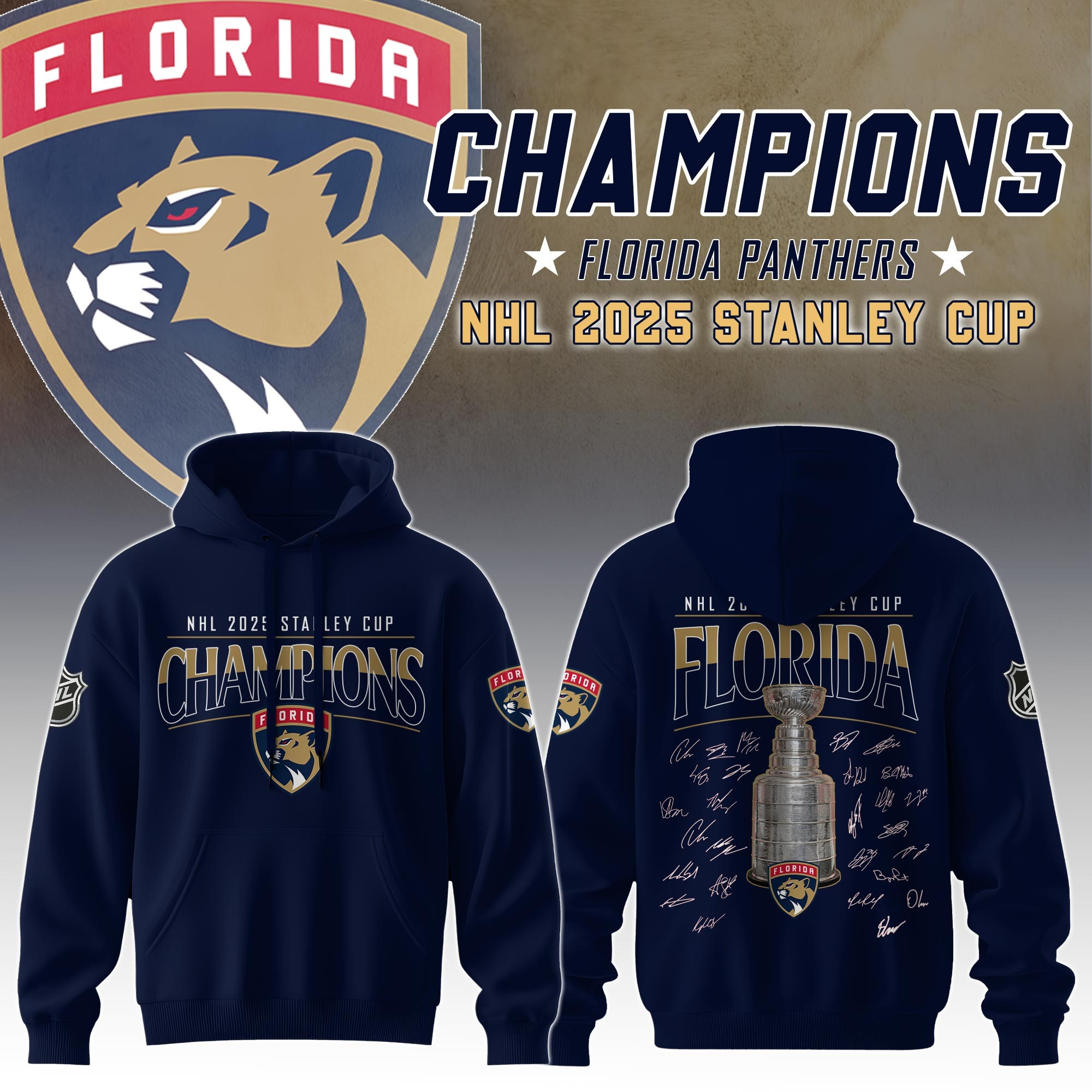 Florida Panthers Stanley Cup Champions 2025 Hoodie Signature Hockey NFL Merch Fan Apparel