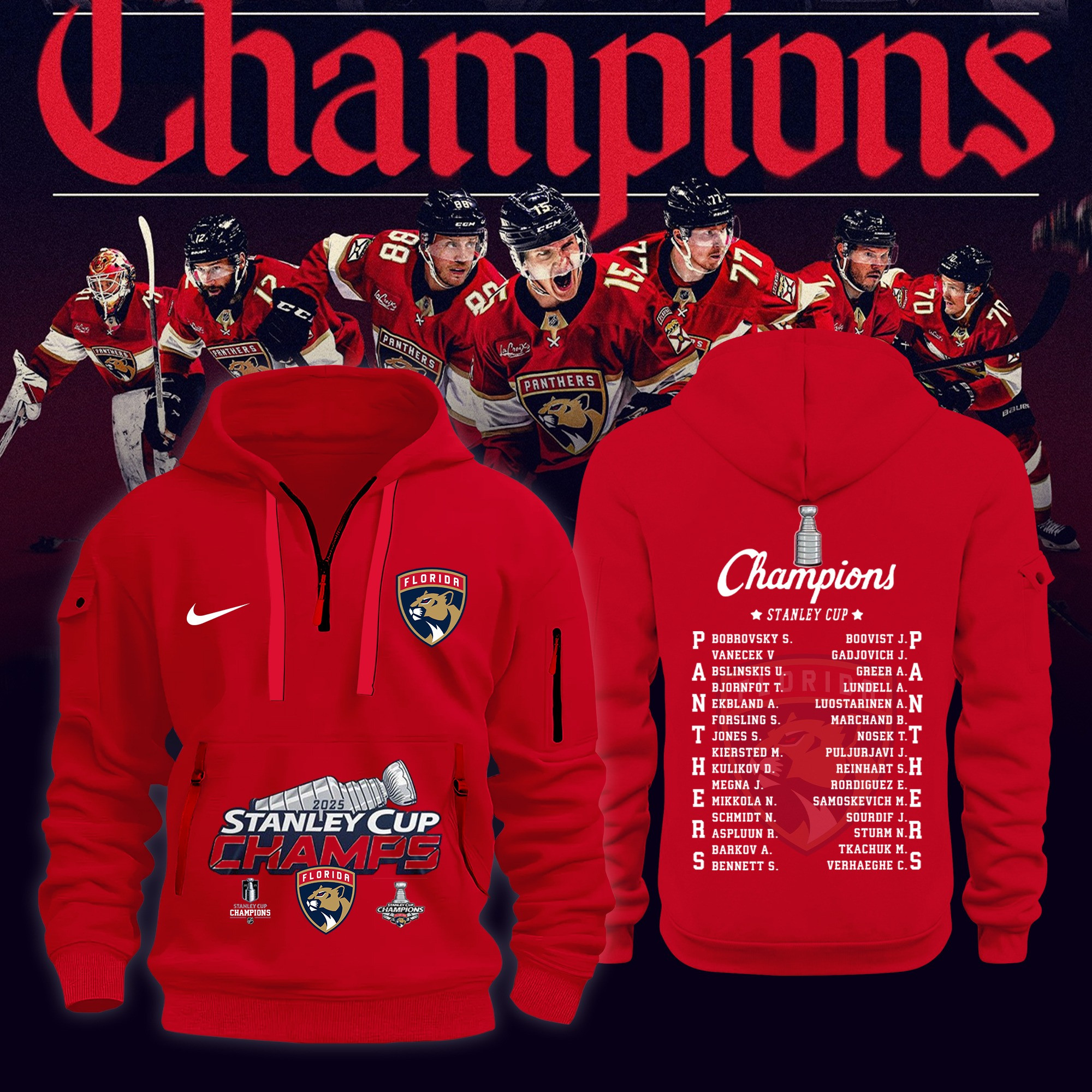 Florida Panthers Stanley Cup Champions 2025 Quarter Zip Hoodie NFL Merch Hockey Fan Gear