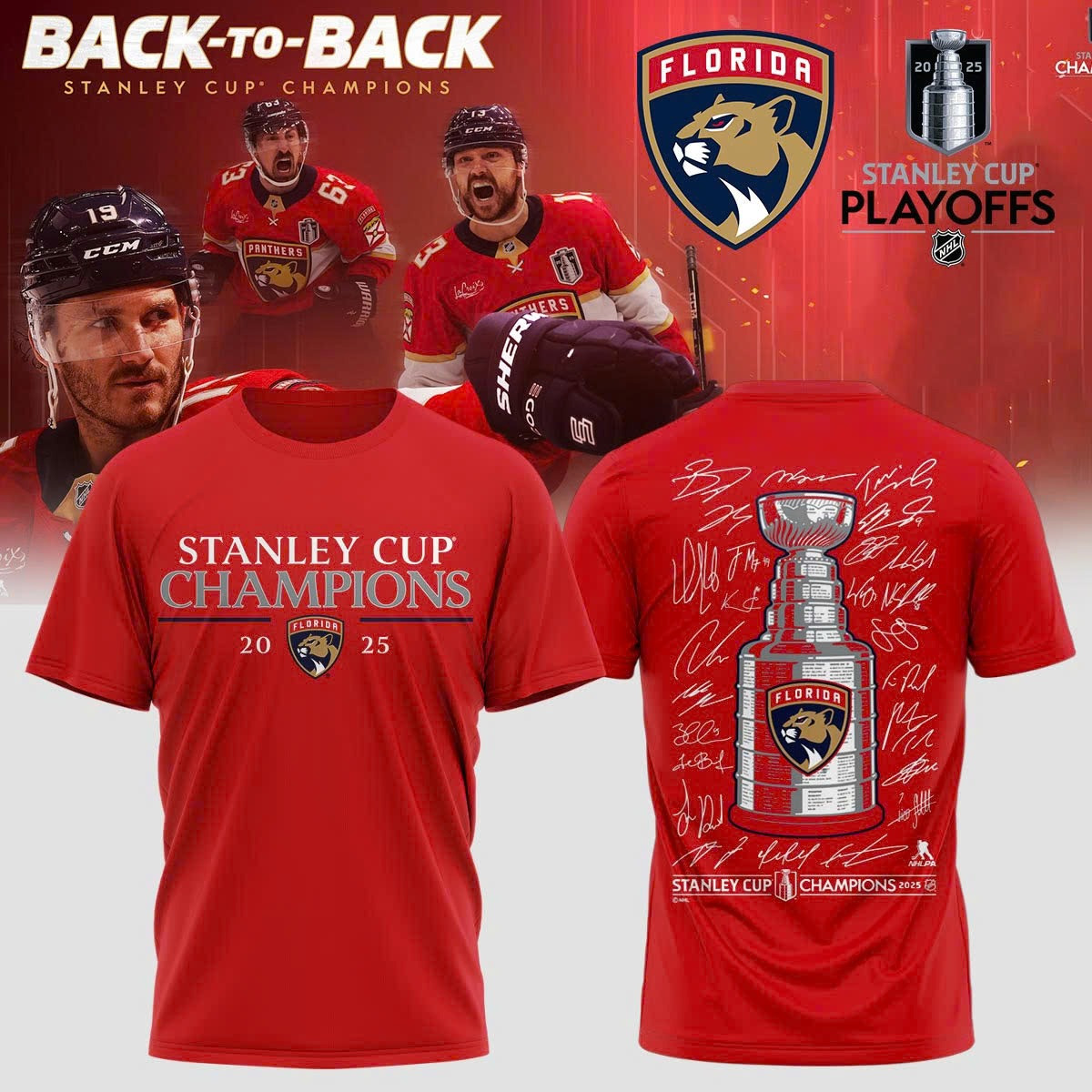 Florida Panthers Stanley Cup Champions 2025 T-Shirt Signature Hockey Fan Lovers NFL Merch