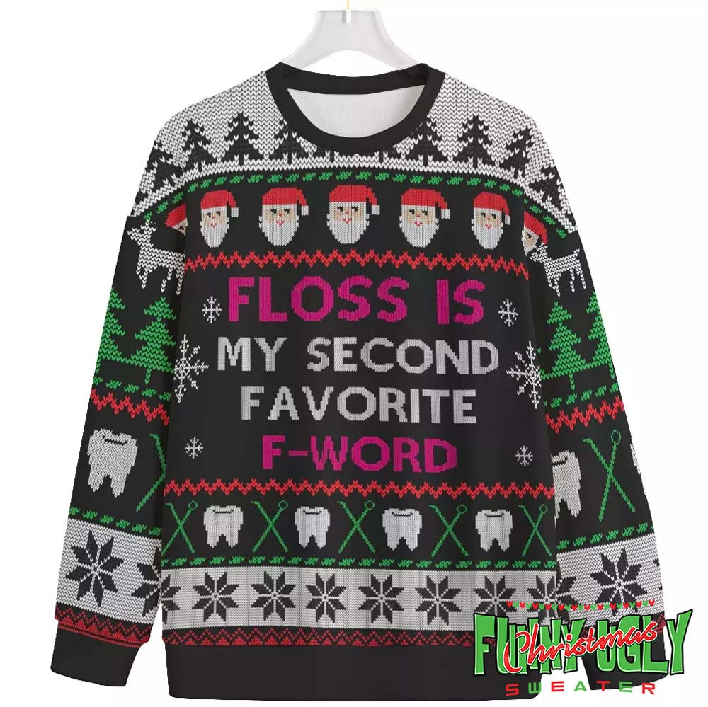 Floss Second Favorite Fword Ugly Christmas Sweater Black Soft Cotton Sweatshirt for Winter Comfort