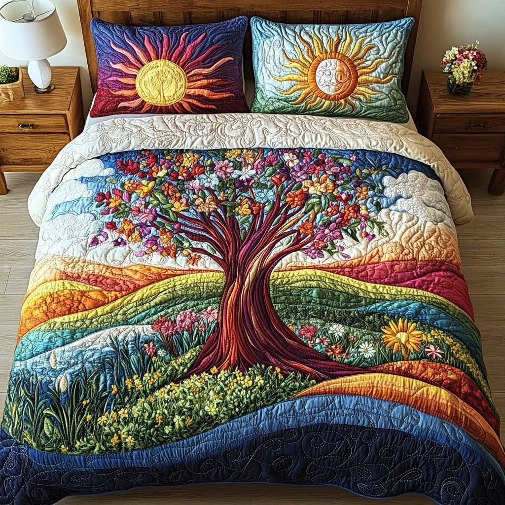 Flourishing Tree Quilted Bedding Set Perfect Housewarming Gift for a Cozy Bedroom