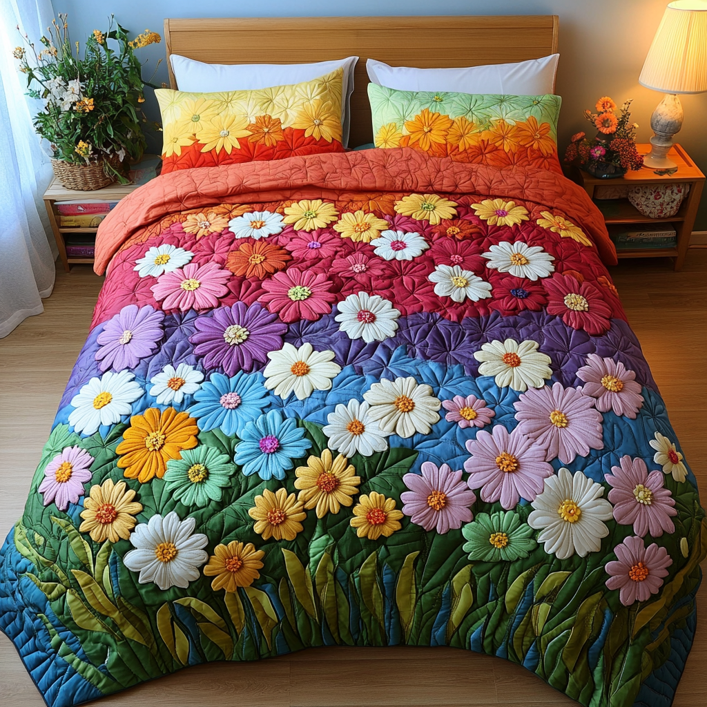 Flower Bliss Quilted Bedding Set Bed Room Decoration Flower Daisy Gifts For Her