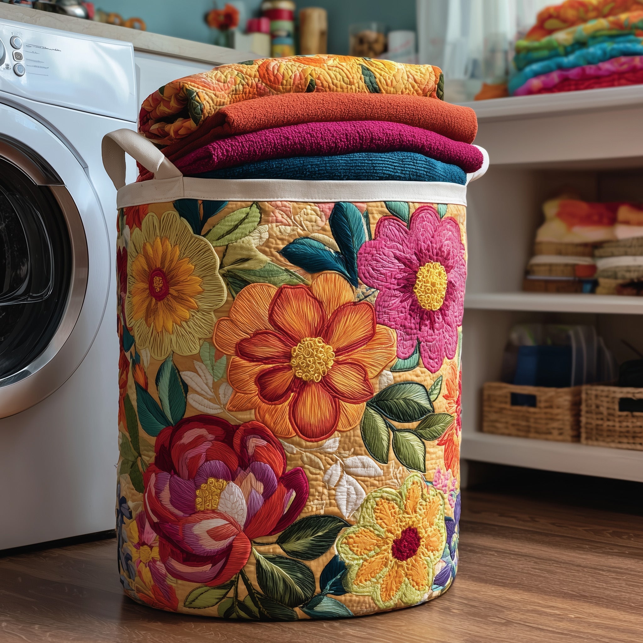 Flower Bliss Quilted Laundry Basket Merch For Dad