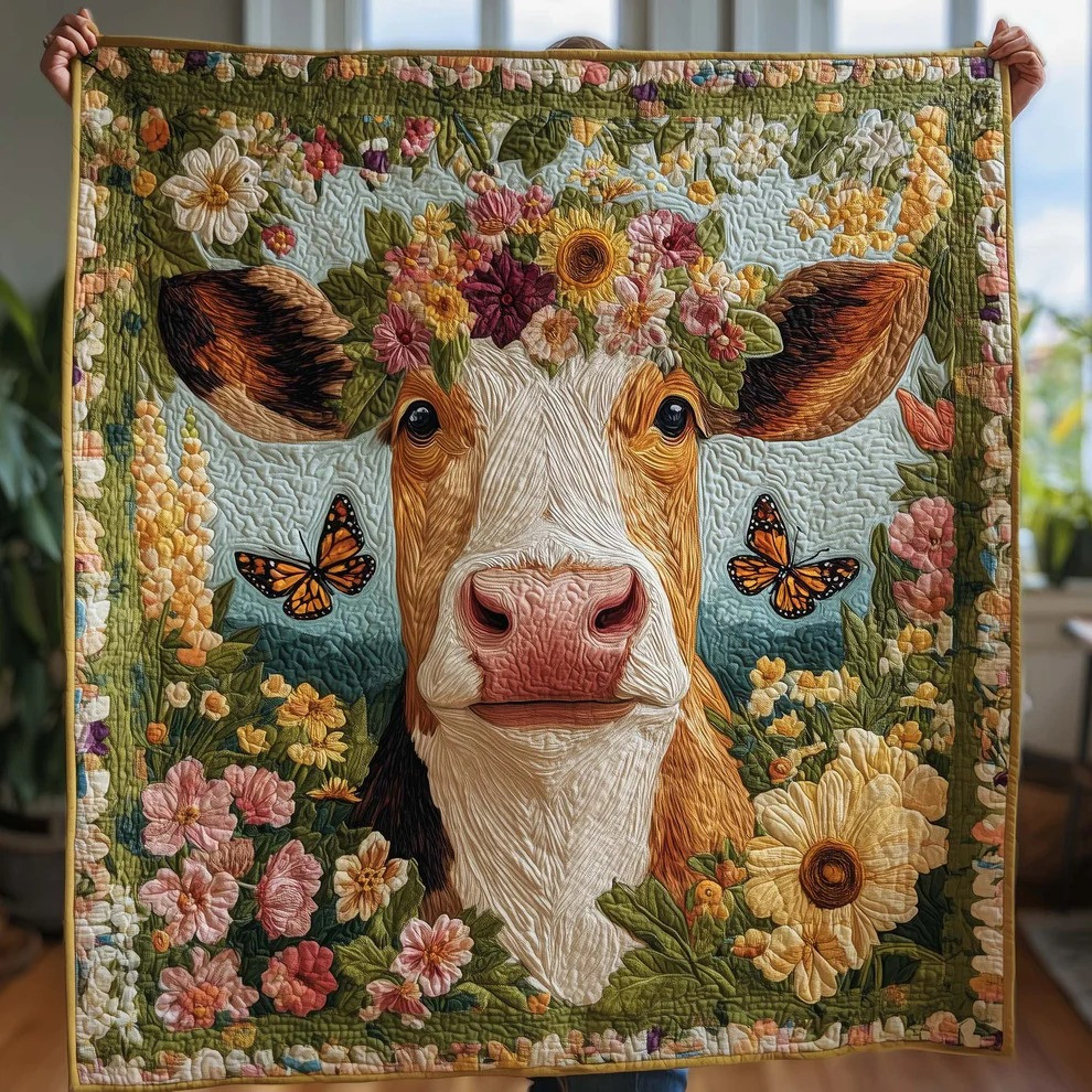 Flower Crown Cow Quilted Blanket Farmhouse Animal Gear Best Gift For Farm Girl Lovers