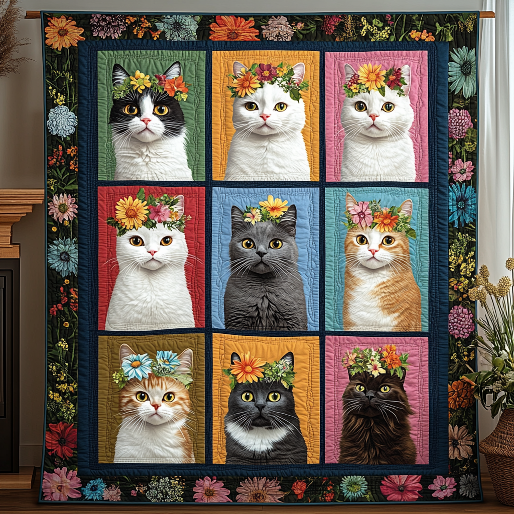Flower Crown Felines Quilted Blanket Gifts For Cat Owners
