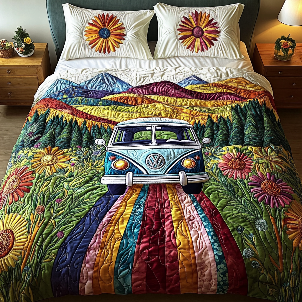 Flower Drive Quilted Bedding Set Bed Decorations Hippie Style Gifts