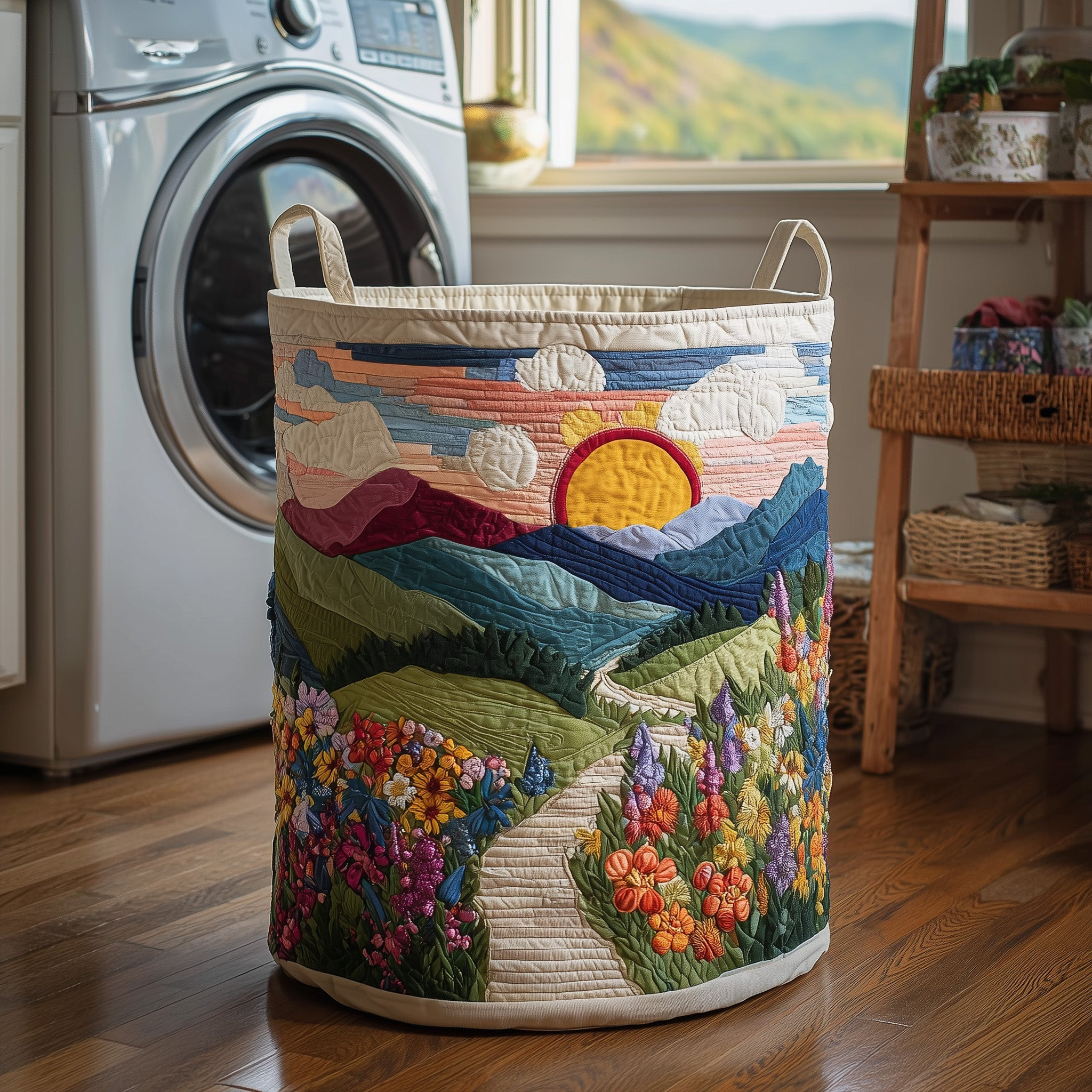 Flower Field Quilted Laundry Basket Cozy Vibe Laundry Room Decor Gifts For Grandma