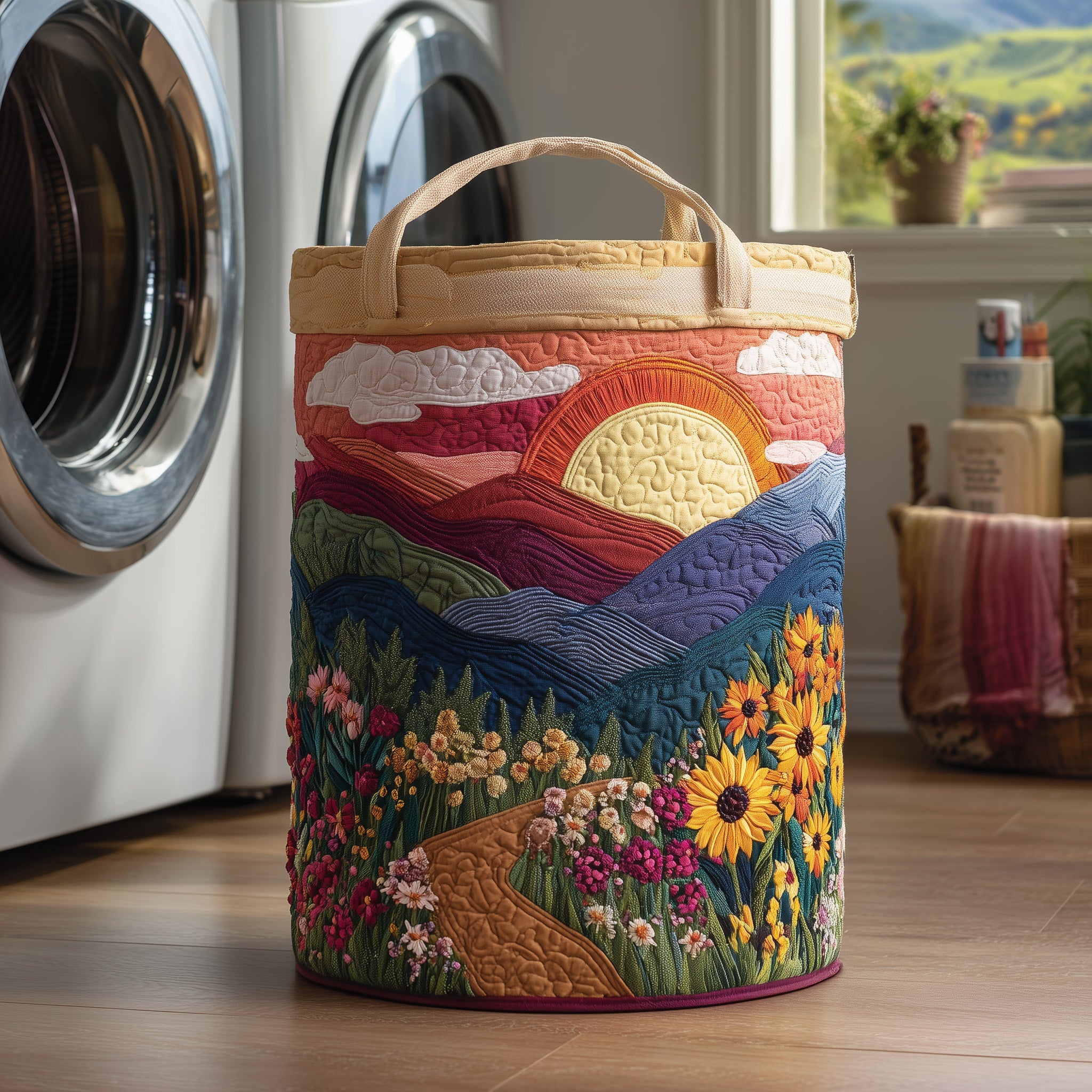 Flower Field Quilted Laundry Basket Foldable Fabric Clothes Basket Best Family Gift