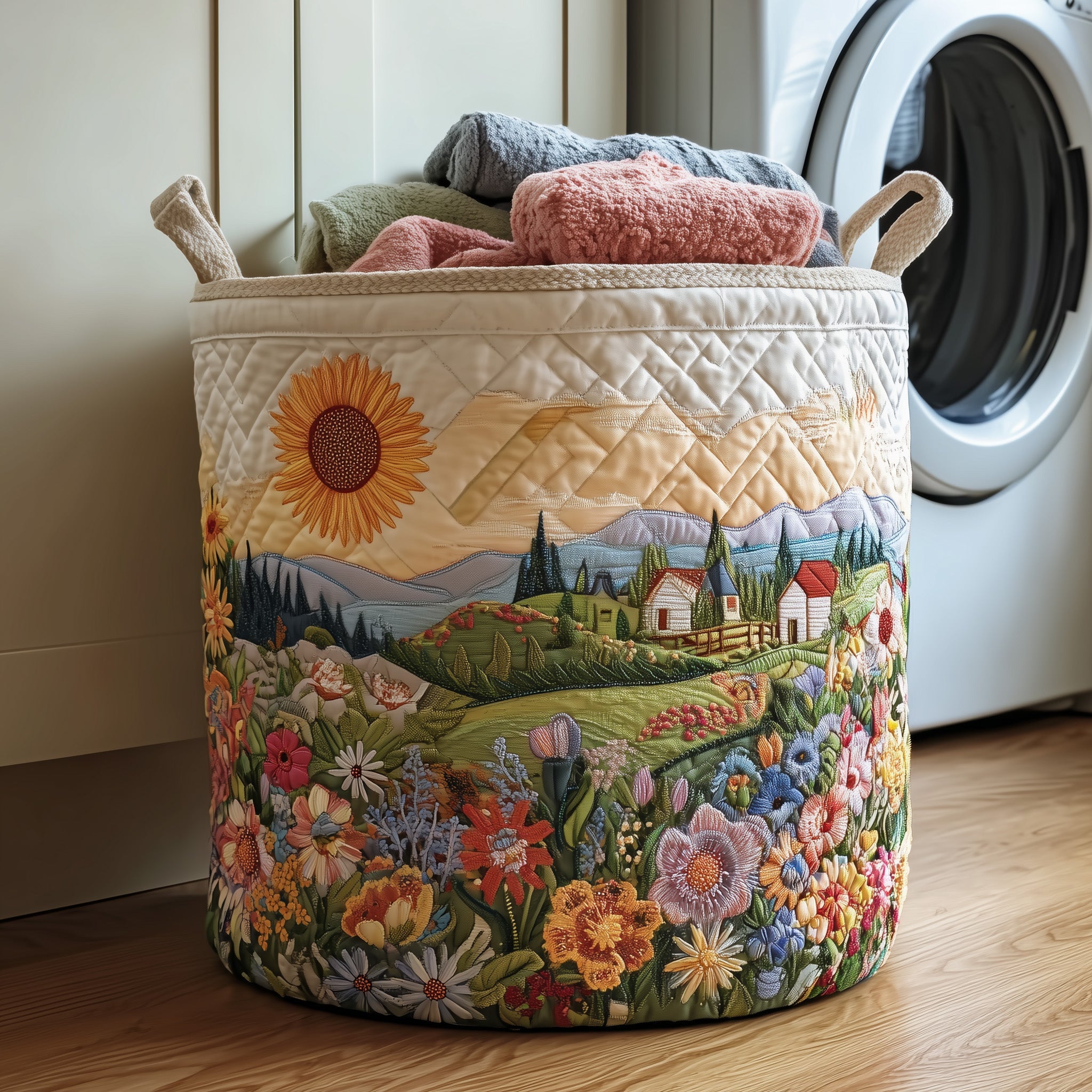 Flower Field Quilted Laundry Basket Lovely Beautiful Flower Gift For Mom