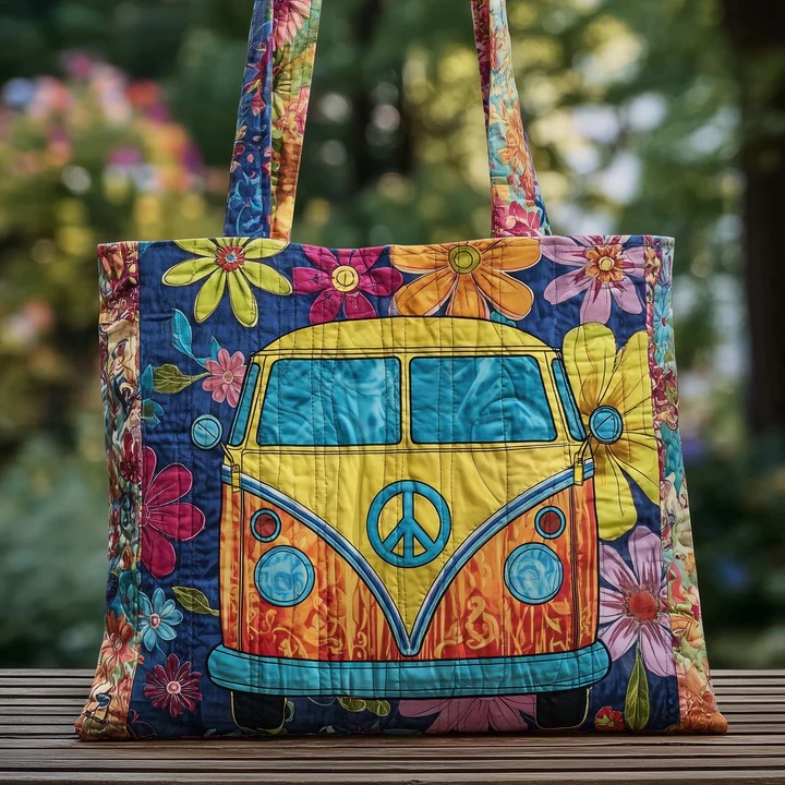Flower Hippie Van Quilted Tote Bag Retro Boho Peace Bag Best Gift For Free Spirit Women