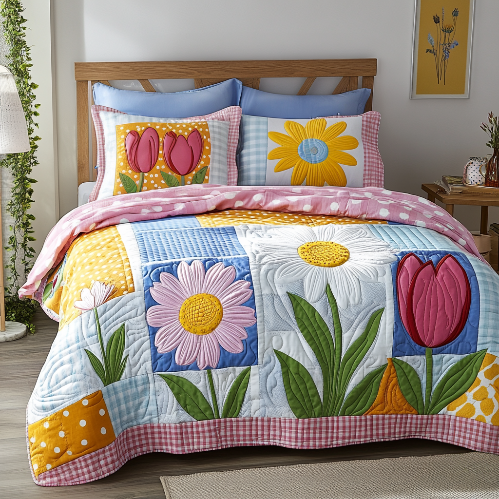 Flower Hug Quilted Bedding Set Best Comforter Sets Unique Gifts For Tulip Lovers