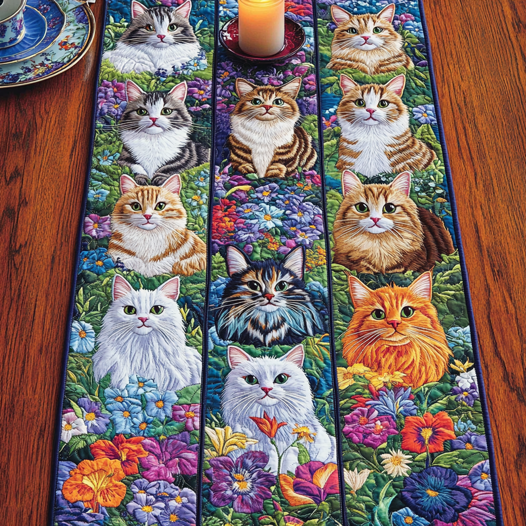 Flower Kittens Quilted Table Runner Dining Room Decor Cat Lovers Owners Presents