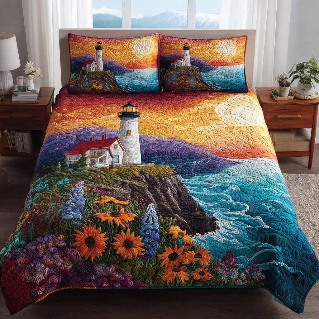 Flower Lighthouse Cliff Quilted Bedding Set High-Quality Cotton Bedding Set for Deep Sleep