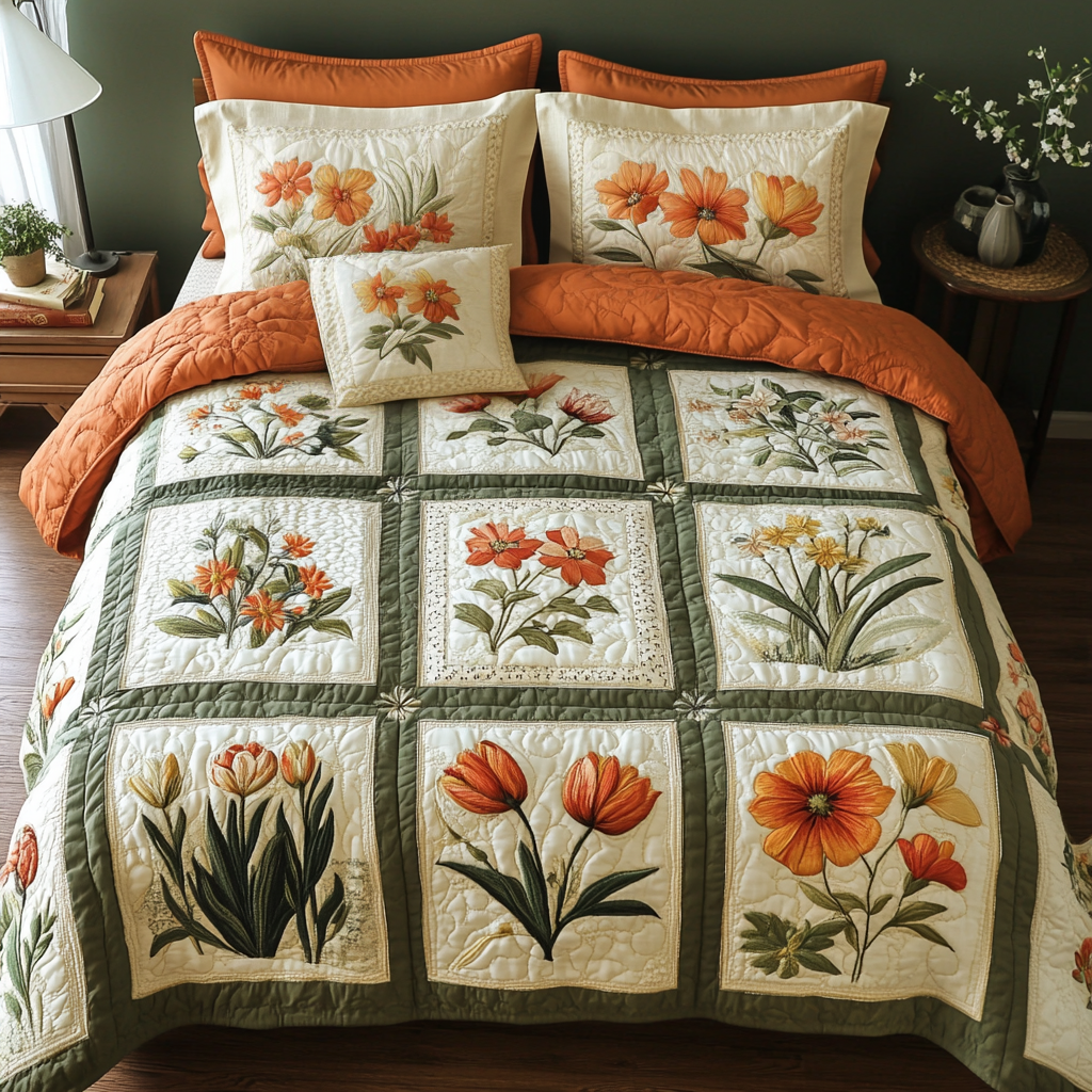 Flower Patch Quilted Bedding Set Bed Decor Christmas Gifts For Flower Lovers