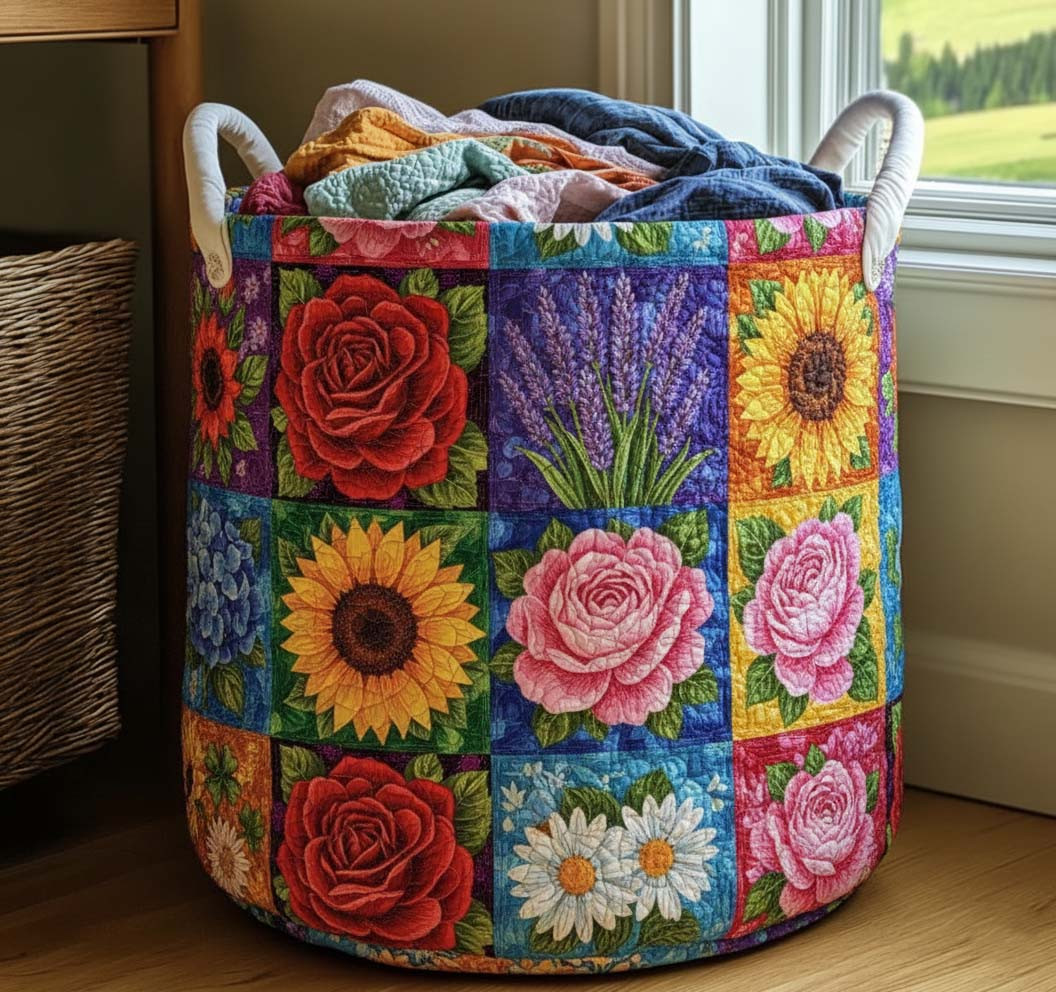 Flower Patchwork Quilted Laundry Basket Laundry Room Decor Flower Lover Presents