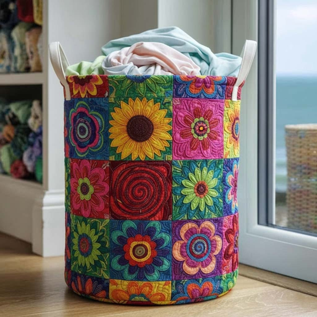 Flower Patchwork Quilted Laundry Basket Laundry Room Decor Unique Present Ideas