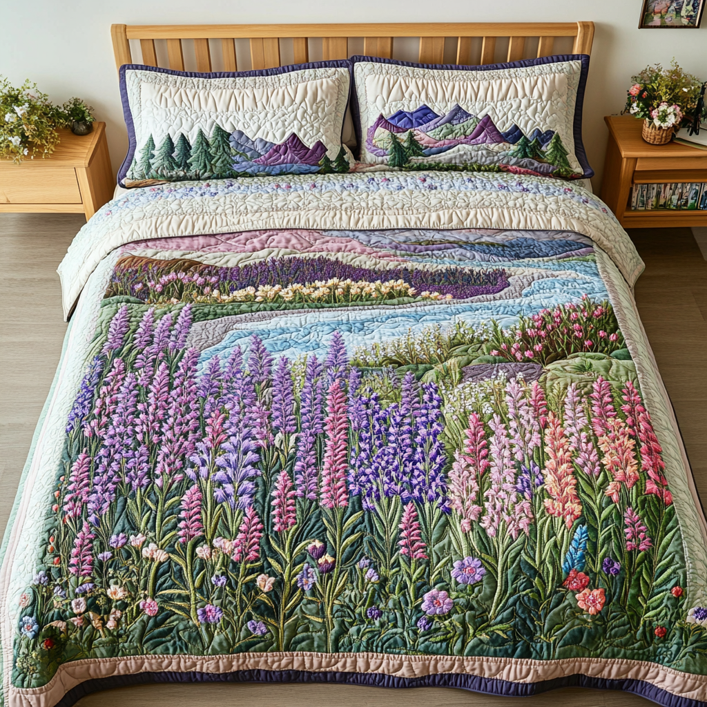 Flower Path Quilted Bedding Set Cute Bedroom Decor Lavender Birthday Gifts