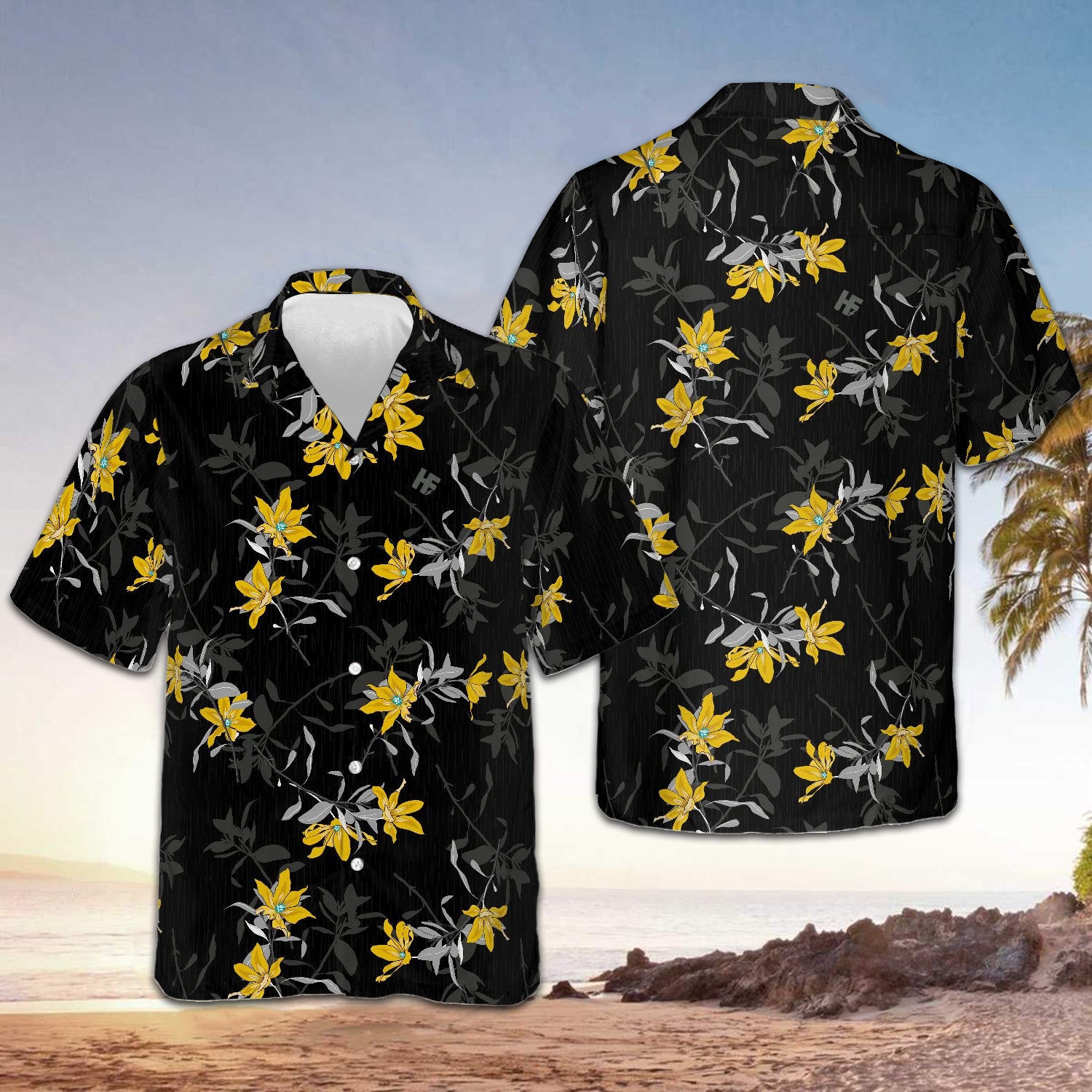 Flower Pattern Black Hawaiian Shirt Tropical Short Sleeve Button Down Gifts For Him