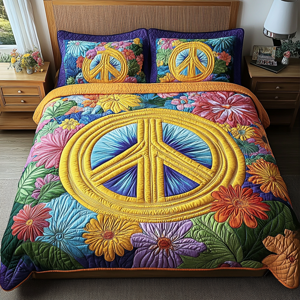 Flower Peace Quilted Bedding Set Xmas Holiday Duvet Cover Set Hippie Gifts For Mom