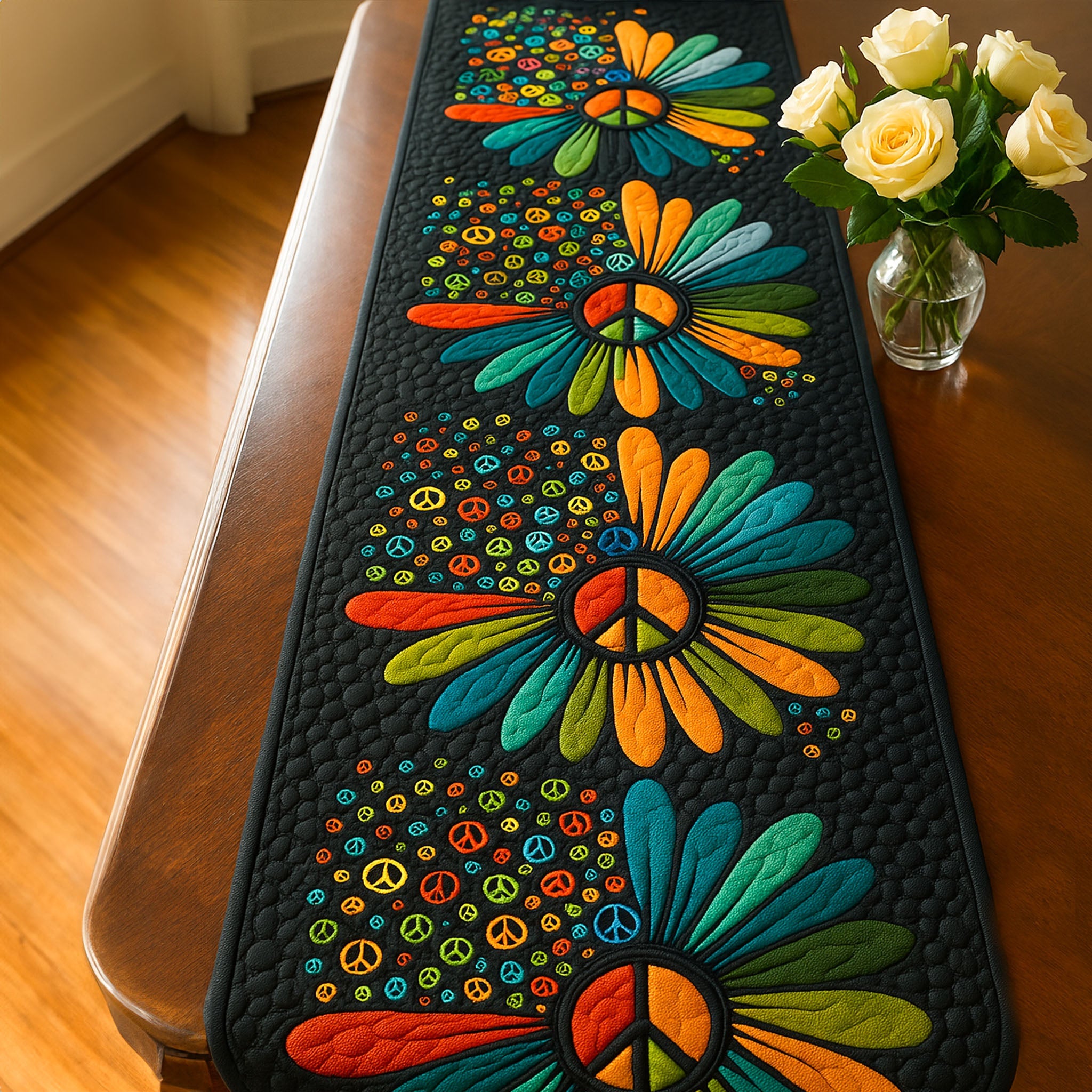 Flower Peace Quilted Table Runner Dining Room Table Decor Hippie Presents