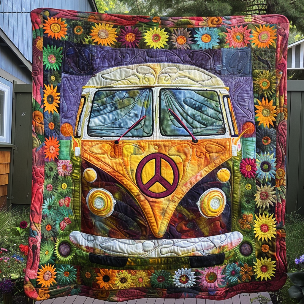 Flower Power Bus Quilted Blanket Cute Blankets For Bed