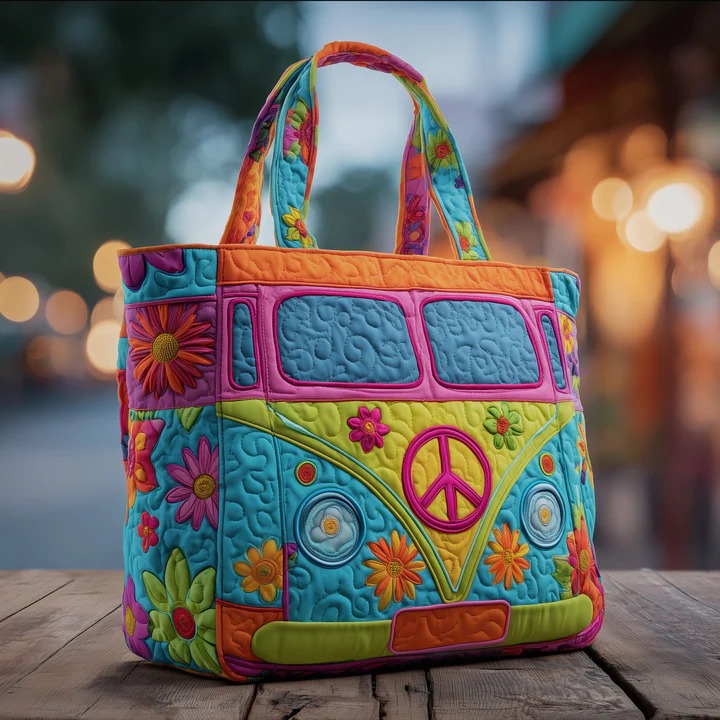 Flower Power Hippie Van Quilted Tote Bag Peace Sign Bag Best Gift For Boho Women