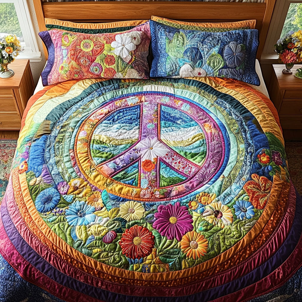 Flower Power Peace Quilted Bedding Set Best Bed Sheet Set Best Gifts For Hippie Boyfriend