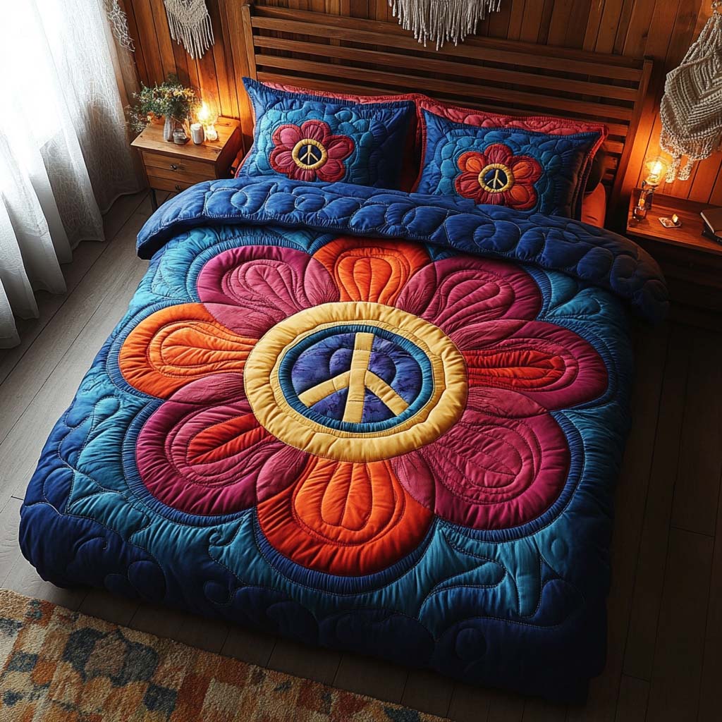Flower Power Peace Quilted Bedding Set Christmas Duvet Cover Birthday Gift For Hippie Friend