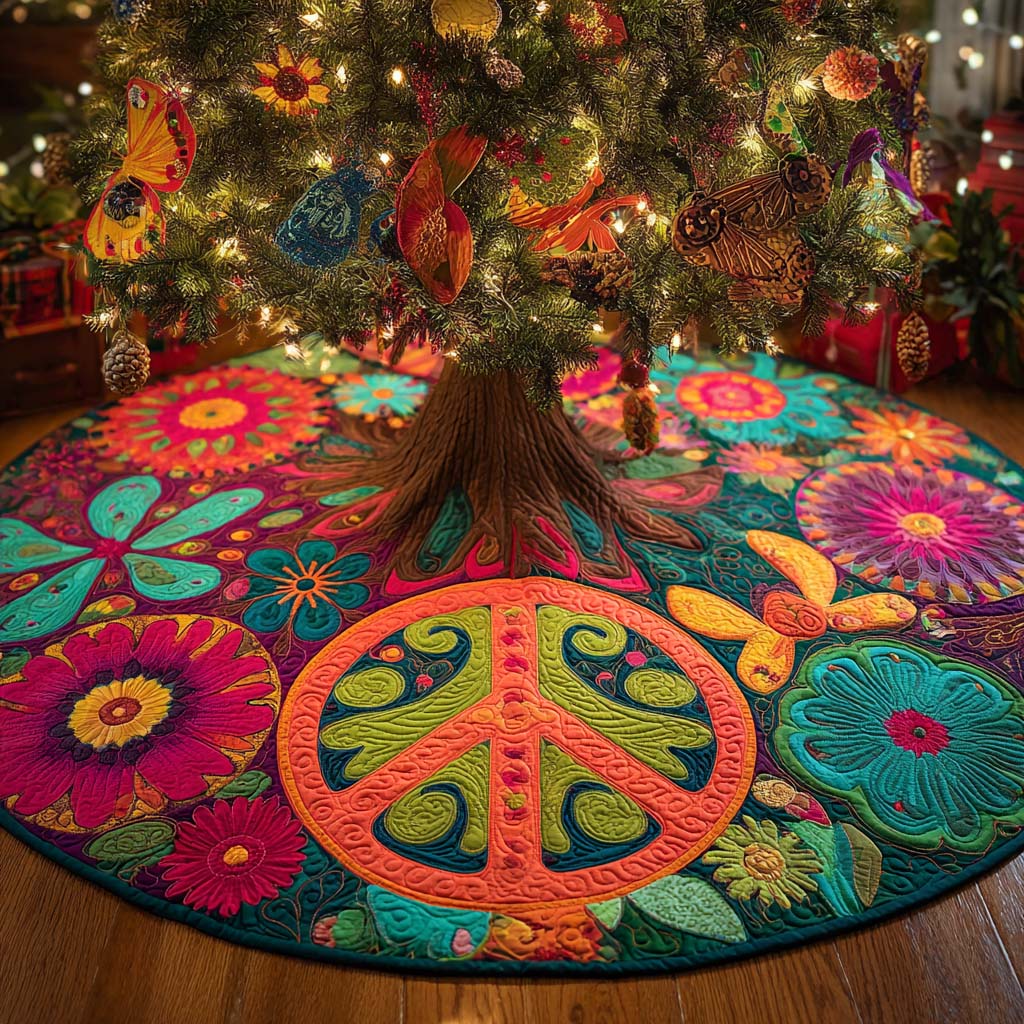 Flower Power Peace Tree Quilted Tree Skirt Indoor Xmas Decorations Christmas Present Ideas