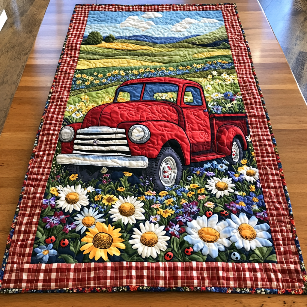 Flower-Power Pickup Quilted Table Runner Flower Table Runner Best Family Gifts