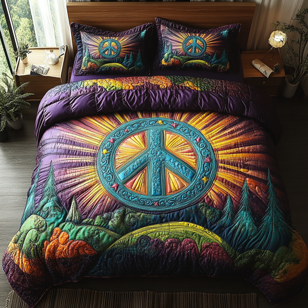 Flower Power Quilted Bedding Set Cool Bedroom Decor Birthday Gift For Hippie Friend