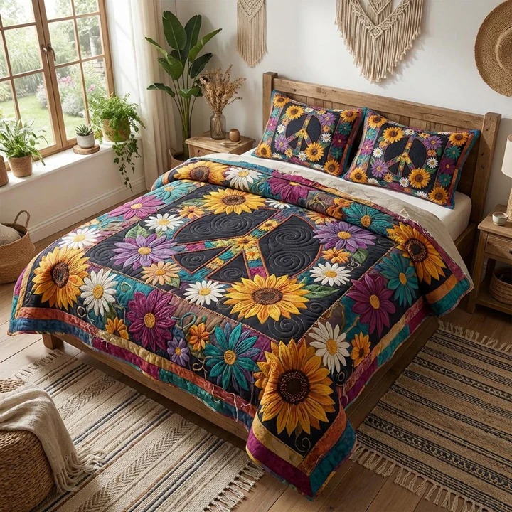 Flower Power Quilted Bedding Set Groovy Bedroom Decor Cozy Gift For Hippie Home Lovers