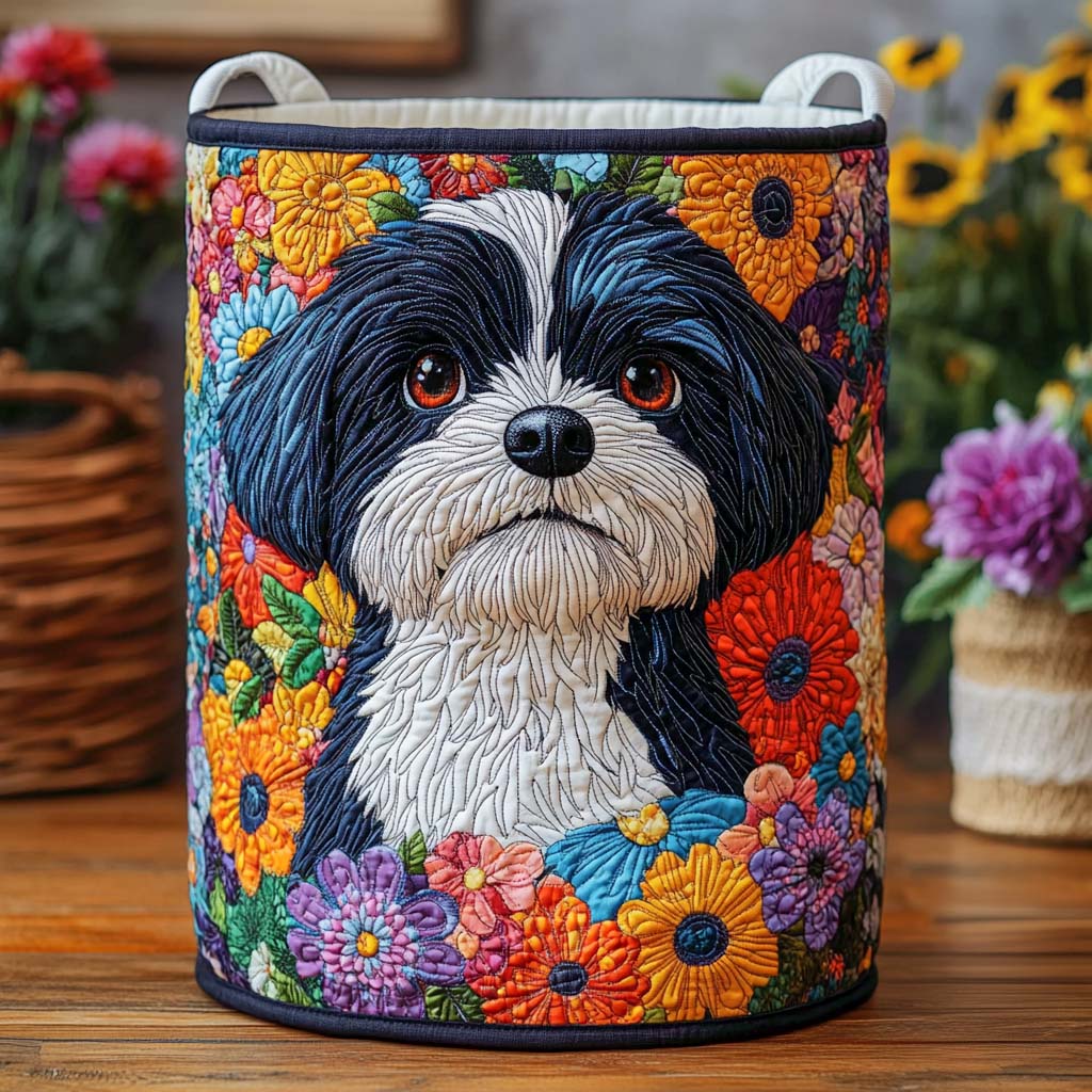Flower Pup Quilted Laundry Basket Trendy Quilted Laundry Hamper Gift for Modern Living