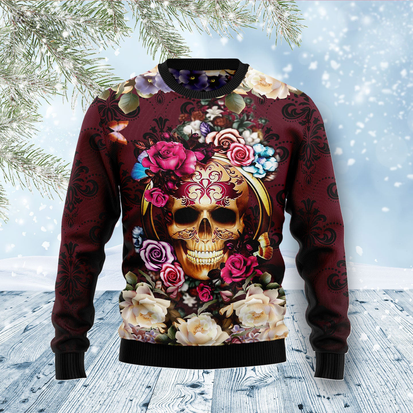 Flower Skull Ugly Christmas Sweater Floral Design Skull Lover Christmas Gifts