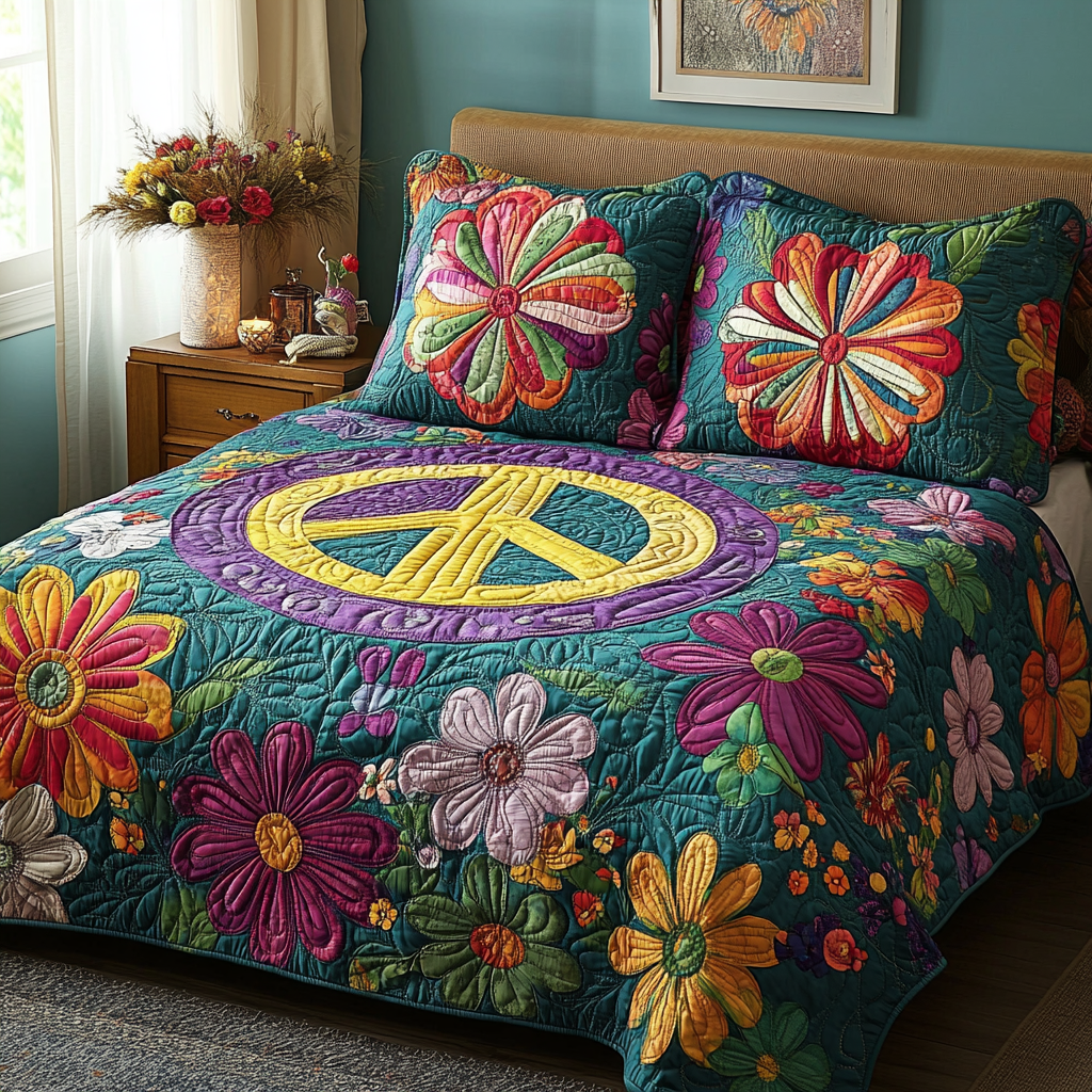 Flower Vibes Quilted Bedding Set Premium Duvet Cover Gift Set for Mom or Grandma
