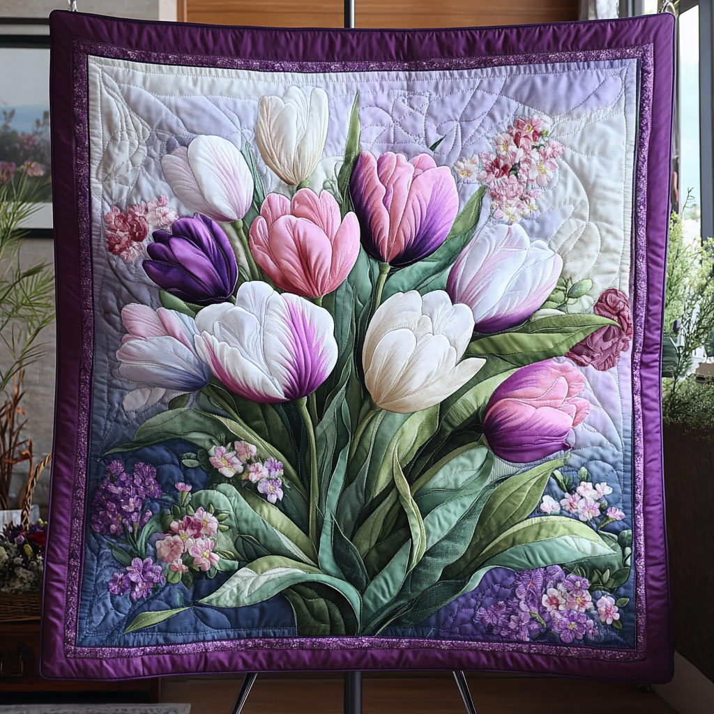 Flower Whisper Quilted Blanket Xmas Holiday Tulip Themed Gifts For Adults