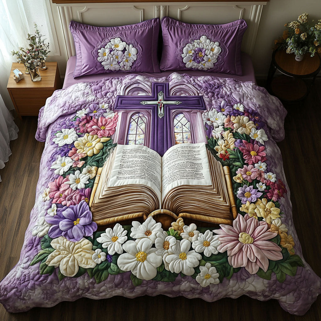 Flowered Cross Quilted Bedding Set Holiday Duvet Covers Presents For Christian Friends