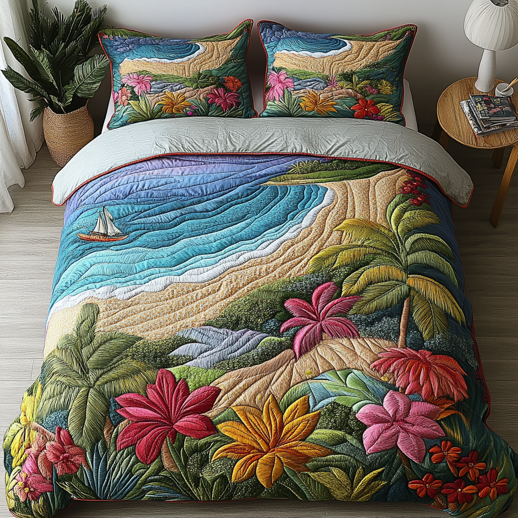 Flowered Paradise Quilted Bedding Set Holiday Duvet Cover Set Christmas Presents For Surfers