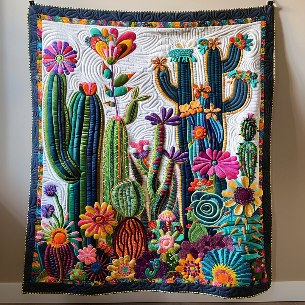 Flowering Cactus Quilted Blanket Gift For Cactus Lover