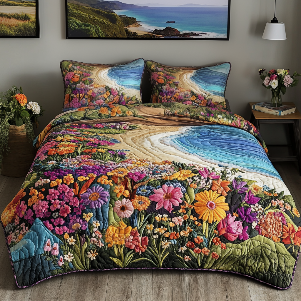 Flowery Escape Quilted Bedding Set Unique Bed Sheet Set Best Gifts For Surfers