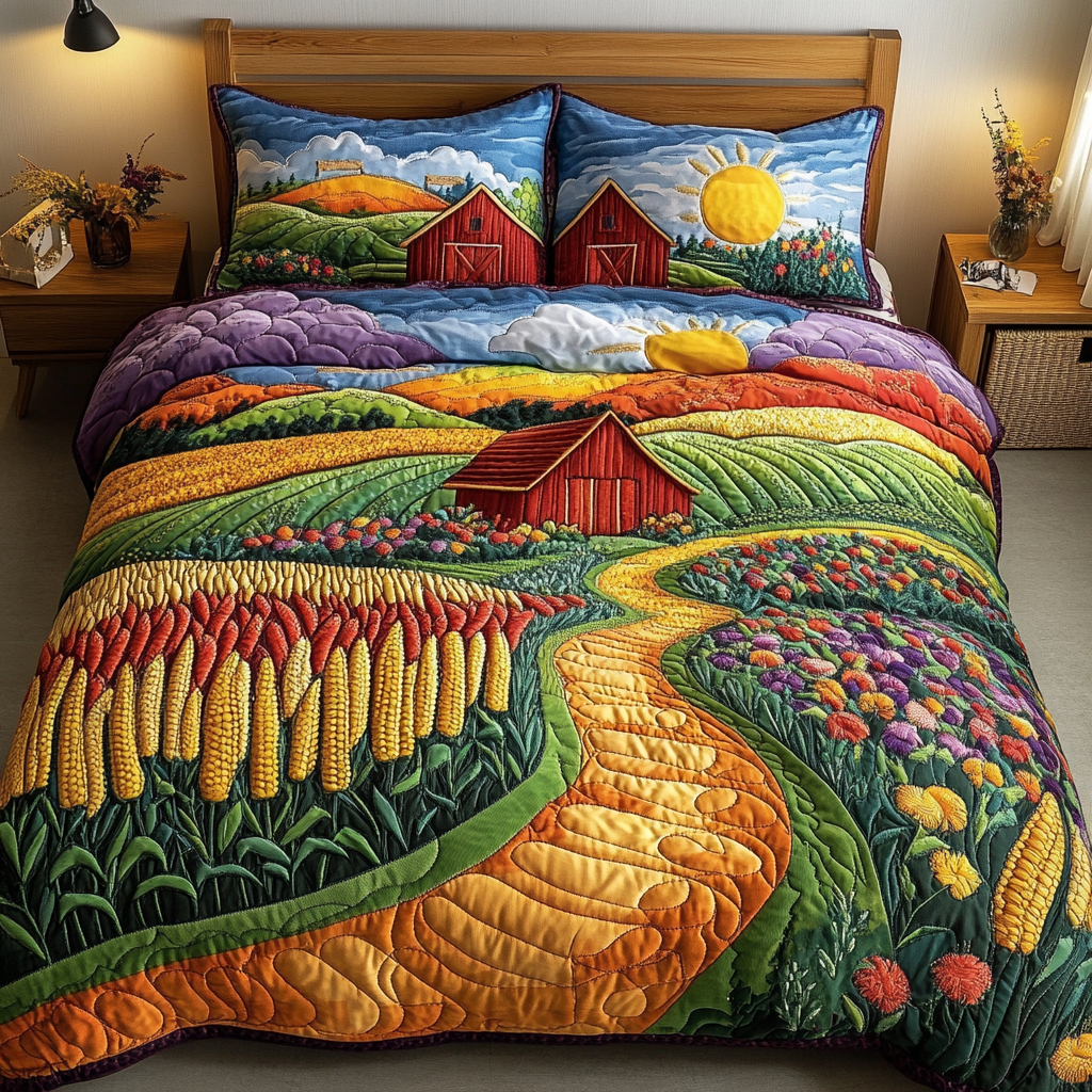 Flowery Pathway View Quilted Bedding Set Farm Bedroom Ideas Family Present Ideas