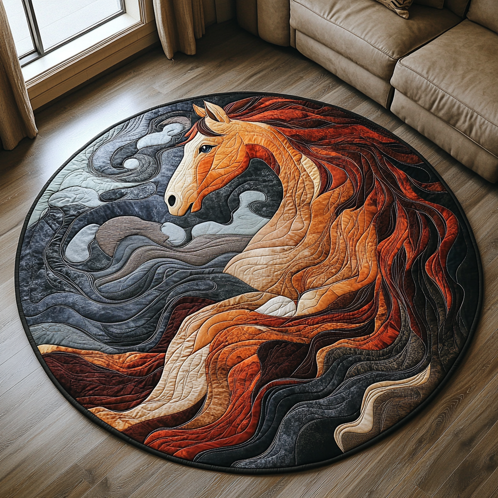 Flowing Horse Quilted Round Mat Door Entrance Decor Horse Themed Gifts For Adults